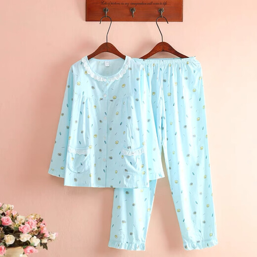 Pyjamas en sergé en coton pour femmes au printemps et en été manches longues minces, pyjamas de coton pur à fleurs fraîches purs coton coton de vêtements maison ensemble bleu citron 6636 2xl 130-145jin [Jin est égal à 0,5 kg]