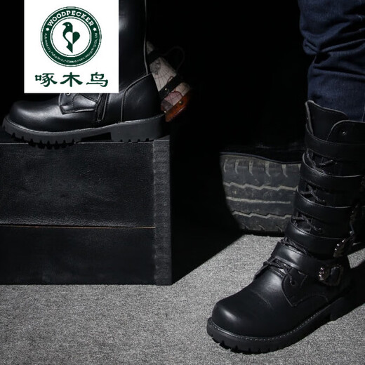 啄木鸟高档轻奢男大码高帮长靴韩版潮流马丁靴男士疯马皮靴英伦高筒靴子 黑色 42