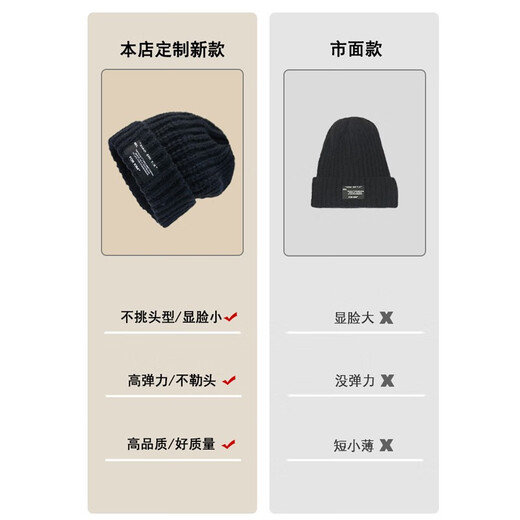目丸帽子男士秋冬季毛线帽加绒保暖百搭冷帽宽松大头围显脸小针织帽男 黑色【加绒加厚】