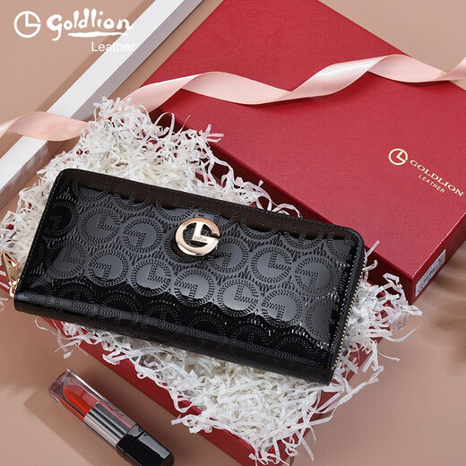 Goldlion handbag women's long wallet fashion glossy leather wallet multi-functional women's zipper cowhide clutch mother bag black exquisite gift box