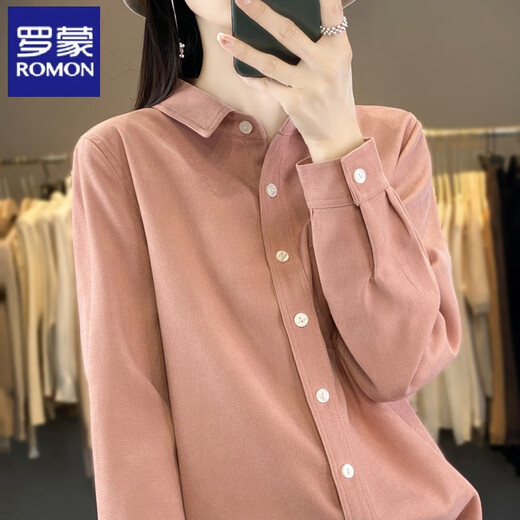 ROMON thickened double-sided velvet shirt women's autumn and winter new brushed shirt design plus velvet warm base cardigan shirt haze blue M polite