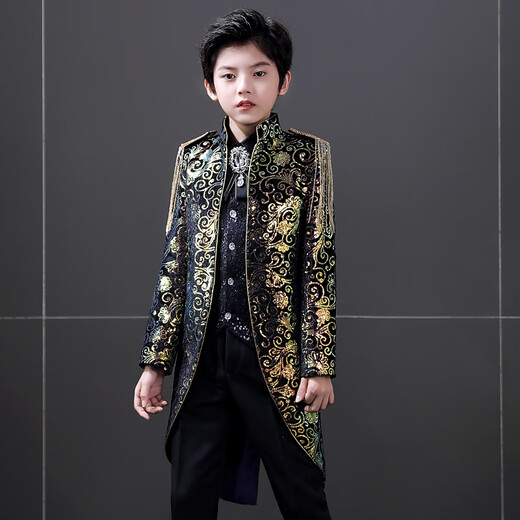 Jungenkleid Tutex Jungen Anzug Set New Children's British Show Host Piano Show Winter Dark Flower Tuxedo + Hemd + Weste + Hosen + Fliege 130 cm (130 cm (empfohlenes Gewicht 50-59jin [Jin gleich 0,5 kg]))))