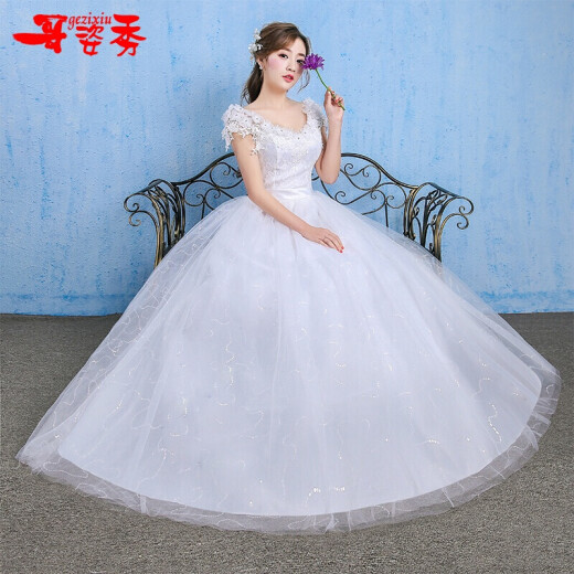 Wedding dress 2019 new bride wedding Korean floor-length slimming one-shoulder wedding dress with tail and shoulders white L
