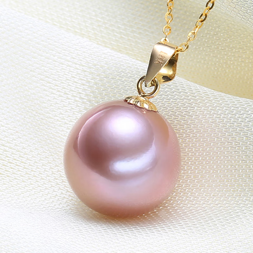 DENIOT Pearl Necklace Single 925 Silver Purple Freshwater Pearl Powder Pendant Perfect Round Bright Light Mom Girlfriend Gold Beads Gold Holder 16-17mm