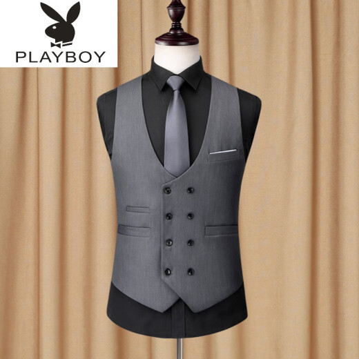 Playboy spring and autumn double-breasted casual suit men's vest Korean version slim business gray vest men's waistcoat vest trendy gray 175/L
