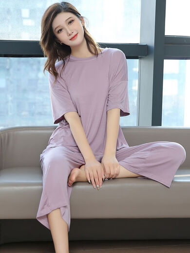 Cat man with chest pad pajamas for women in summer short-sleeved cropped pants thin summer loose outdoor wear suit WT846 [Healing Blue - Short-sleeved + Three-crop pants] L [100-120Jin [Jin equals 0.5 kg]]