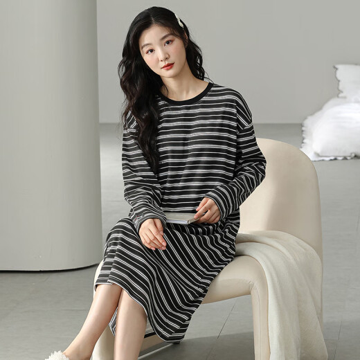 Victoria's Style 2024 New Nightgown for Women's Spring y Autumn Pure Cotton Feelting Pajamas se puede usar en el exterior, ropa de casa a rayas W9764 camisón de manga larga l 90-110Jin [Jin equivale a 0.5 kg]