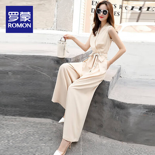 ROMON Internet celebrity wide-leg pants for women 2023 summer sleeveless temperament lady fashionable casual slim V-neck jumpsuit suit beige L
