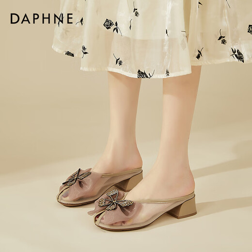 达芙妮（DAPHNE）拖鞋女外穿夏2024夏季新款女鞋网纱包头女拖居家夏天配裙子凉拖 杏色 36 (230mm) 标准码
