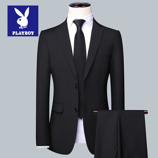 Playboy Suit Men's Business Professional Formal Wear Small Suit Men's Wedding Groom Work Spring Autumn Slim Jacket Men's Double Button Black (Suit + Pants) L (170)