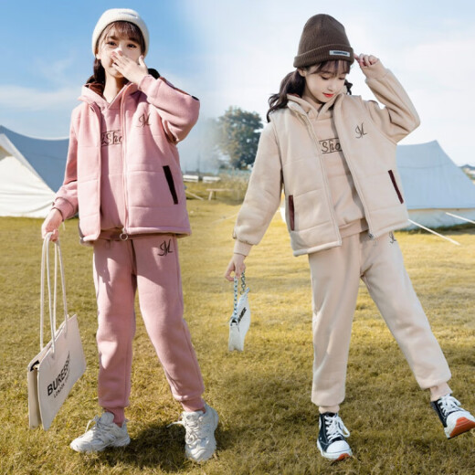 G.DUCKKIDS小黄鸭童装女童套装冬装加厚马甲儿童衣服女孩加绒卫衣中大童裤子 1585 粉色 120 尺码5~6岁【110-120cm】cm