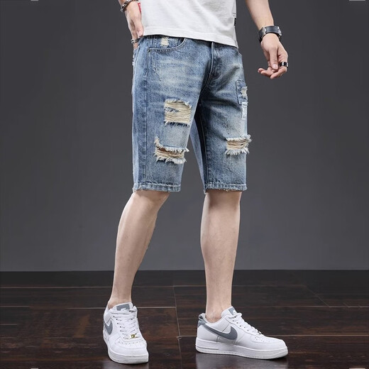 衣然呈品美式潮牌夏季新款牛仔短裤男直筒宽松休闲百搭中裤破洞五分裤子男 【两件装】6027蓝色+6189蓝色 28【建议80-90斤】