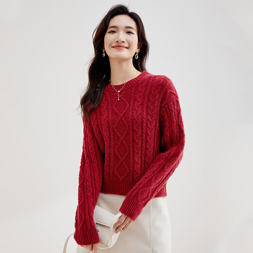 Shandubila Winter Retro Diamond Twist Sweater Women's Small Round Neck Versatile New Year's Red Sweater Red M