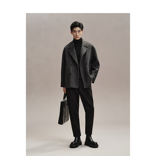 Peacebird Men's Woolen Coat Men's Winter Loose Short Casual and Polyvyle Texture Grey Dark Grey M
