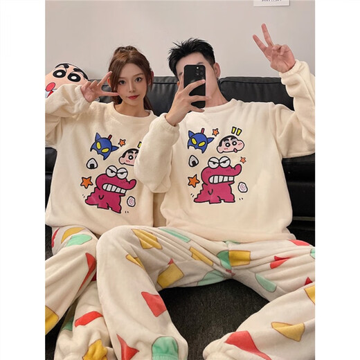 Mobeihai Crayon Shin-chan pajamas for a man and a woman couple autumn and winter flannel warm coral velvet thickened cartoon home clothes 3726# Male XL size recommended 125-155 Jin Jin equals 0.5 kg