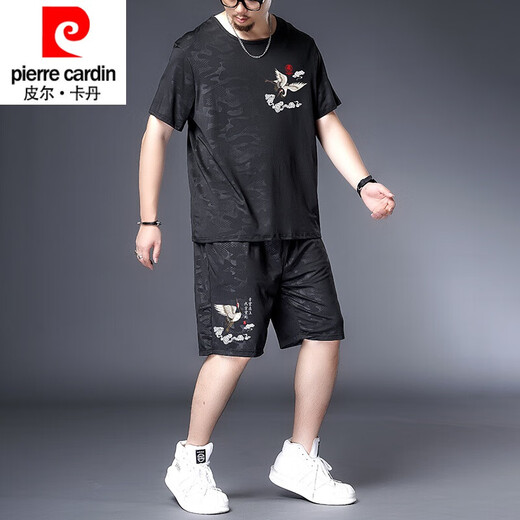 皮尔卡丹品牌高档男装220斤胖子套装肥佬冰丝速干T恤男胖子加肥加大码男装夏季休闲运动短袖短裤套装 黑色9922套装 收藏加购优先发货 2XL