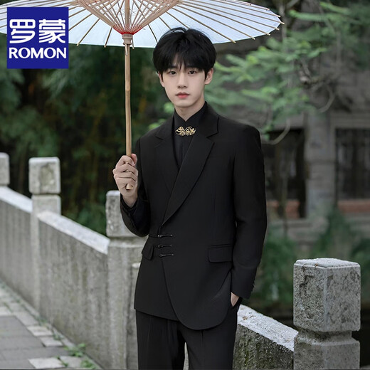 ROMON's new Chinese-style buckle suit men's suit, engagement groom, wedding dress suit, high-end Chinese style Tang suit, Chinese tunic suit, black jacket + pants + stand collar black shirt XL