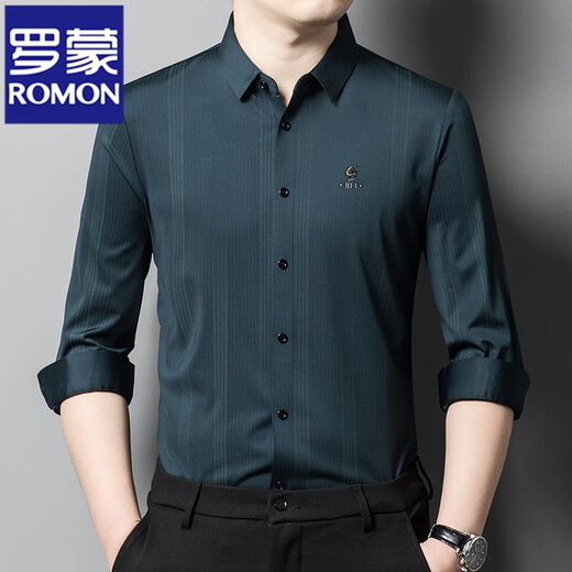 罗蒙（ROMON）高端秋冬加绒衬衫男士喜爸爸装参加结婚宴礼服公公保暖长袖衬衣男 兰灰 XL 175