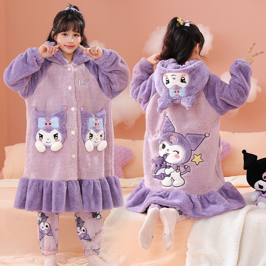 Manidu autumn and winter children's warm baby girl's pajamas set coral velvet nightgown home girl's hooded girl's home clothes WH7822 nightgown set 120 12 size recommended 35Jin Jin equals 0.5kg -45Jin Jin equals 0.5kg