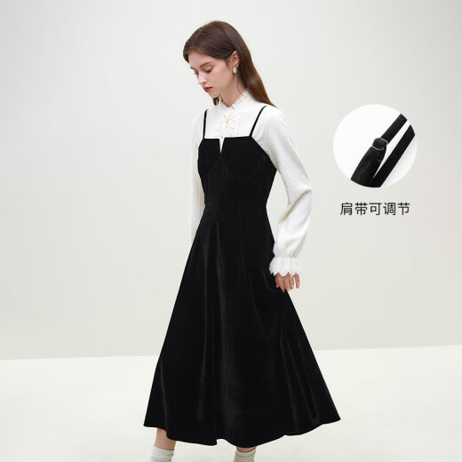 范思蓝恩23FS14715 黑色丝绒吊带连衣裙女秋冬秋冬氛围感约会裙子 黑色 XL