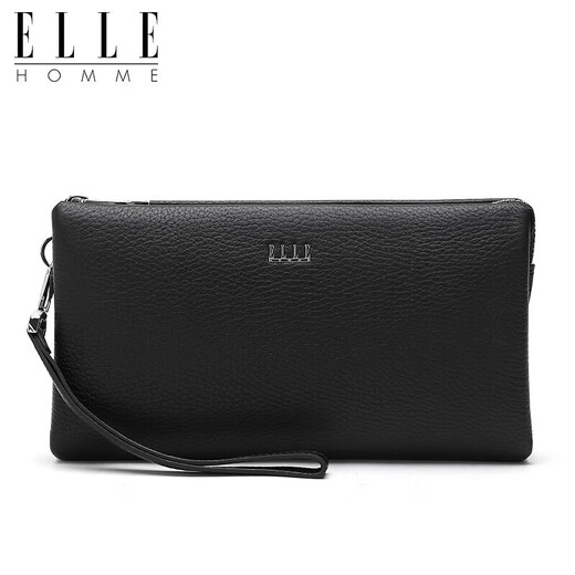 ELLE HOMME men's handbag, top layer deer leather zipper wallet, large capacity clutch bag, fashionable men's bag, EB282300450 black, birthday gift for boyfriend
