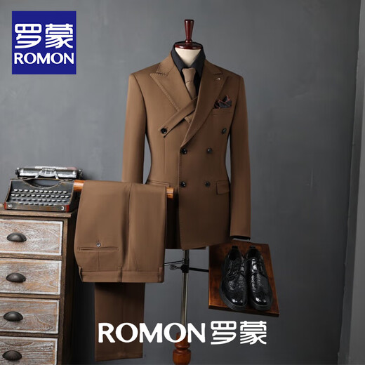 ROMON autumn new suit men's British style double-breasted business casual suit three-piece groom's wedding dress black (suit + pants + vest) 2XL (height 170-175\weight 150-165Jin Jin equals 0.5 kg)