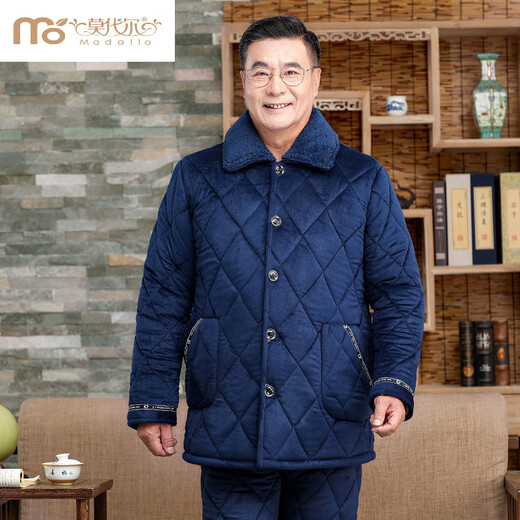 莫代尔中老年男士睡衣冬季加厚加绒珊瑚绒三层夹棉袄大码爸爸保暖家居服 681灰色 三层加厚加绒 2XL 建议140-160斤