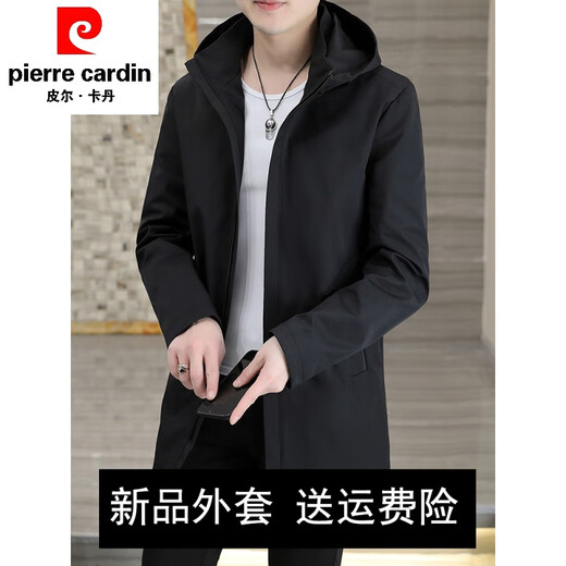 Pierre Cardin mid-length windbreaker jacket for men spring and autumn new mature and stable men's trendy brand hooded slim top 313 black M 85Jin Jin equals 0.5kg -110Jin Jin equals 0.5kg or so