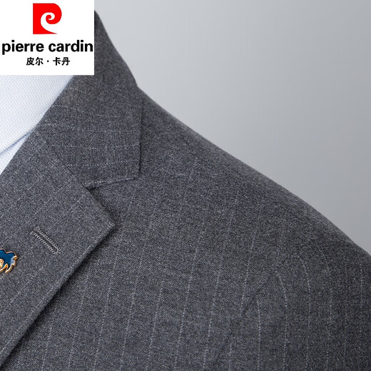 Pierre Cardin Suit Suit Men's Business Casual Professional Wear Striped Double Slit Suit Wedding Groom Dress Photography Studio Knitted Two-piece Set (suit + trousers) XL 180 135-150Jin Jin equals 0.5 kg