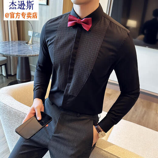 杰逊斯拼接设计感衬衫男长袖商务休闲正装高级感修身帅气男士礼服白衬衣 白色 M (100-120斤)