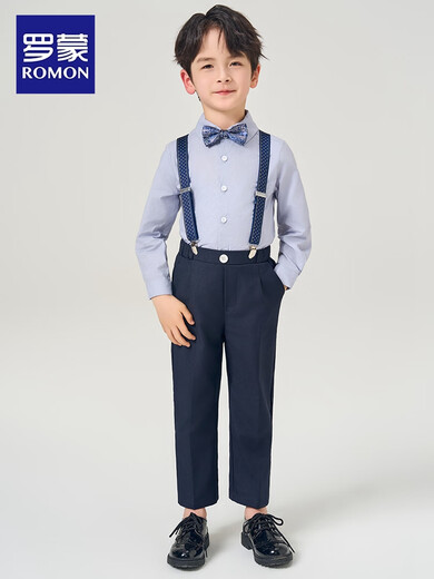 Romon-Jungen-Kleidungsanzuganzug Blumenjunge Britische Host Overalls Klavier Performance Anzug kurzärmeliges Hemd + Hose + Riemen [GIVEAWAY BUG KNAIN] 120