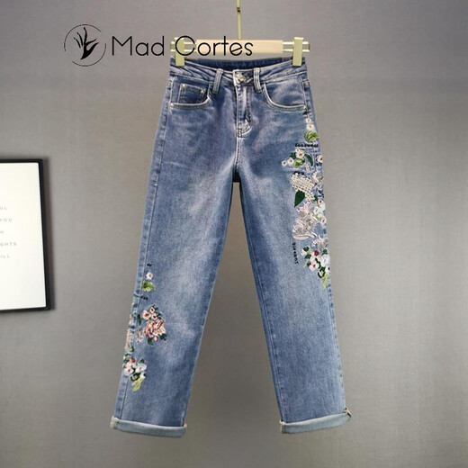 Mad Cortes original design ethnic style embroidered straight jeans for women spring and autumn cotton stretch high waist loose slim cigarette pants blue 26
