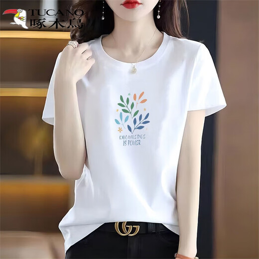 Holzspecker reines Baumwoll-T-Shirt für Frauen kurzärmelig 2025 Sommer Neu lose locker einfaches modisches T-Shirt Top für Frauen 6193 Lederpulver L 105-120jin [Jin ist gleich 0,5 kg]
