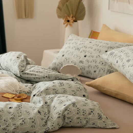 Roland Home Textile Roland Cat Home Textile Student Dormitory Single Three-Piece Set Double Four-Piece Quilt Cover Bed Sheets Pure Cotton Cat-Green YY Knitted Pure Cotton Bed Sheet Style (Setting Mattress) 1.5m Bed Four-Piece Set (