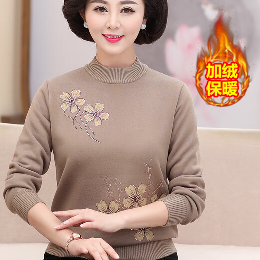 皮尔卡丹妈妈冬季保暖毛衣中老年人奶奶秋冬女装一体加绒加厚打底衫上衣服 驼色加绒加厚9922 XXL 建议130-139斤