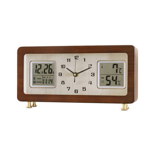 Combas solid wood desktop clock living room temperature and humidity perpetual calendar table clock brass leg clock 280 (32.5*17cm)