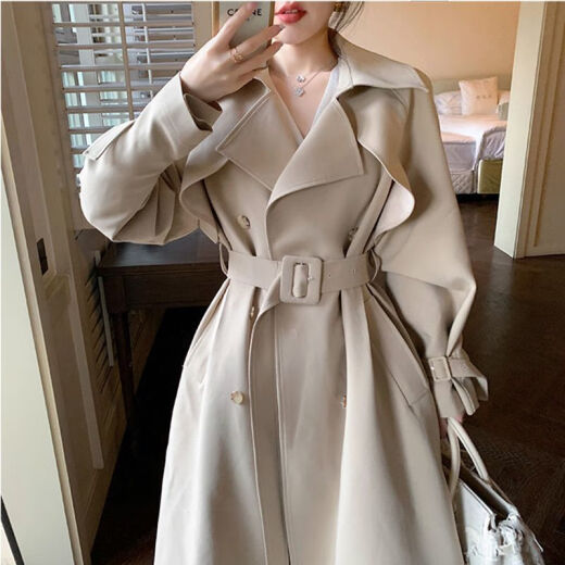 acmmng2024 spring and autumn Korean style new mid-length over-the-knee windbreaker for women British style foreign style small coat coat trendy light khaki L recommended 125-140Jin [Jin equals 0.5 kg]