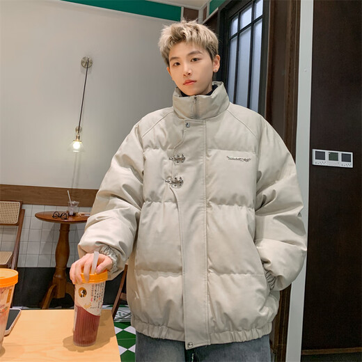 OEMG American retro metal airplane button cotton coat for men and women in winter thickened warm loose bread coat cotton coat gray XL recommended 125-140Jin Jin equals 0.5 kg