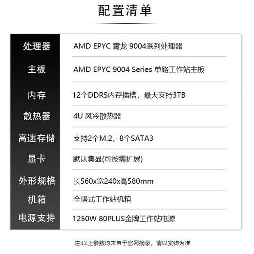 余新电脑单路AMD霄龙4代服务器9374F/9654人工智能运算训练GPU渲染工作站主机 9274F 24核/256G内存/1TB固态 RTX A5000 24G显卡