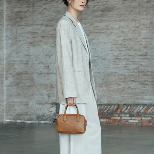 Qiuzhen celebrity recommendation wide bag vegetable tanned cowhide casual crossbody bag portable bowling bag for women brown