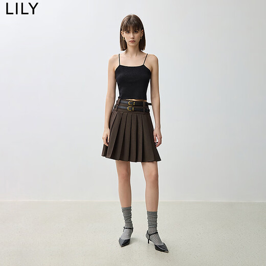 LILY【商场同款】秋新款复古双腰头百搭通勤百褶裙半身裙短款 725可可棕 L