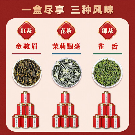 Yuxin Tea Gift Box Que Tongue Green Tea Jinjun Mei Black Tea Jasmine Tea Combination Tea Small Can Gift Box High-end Gift Gift