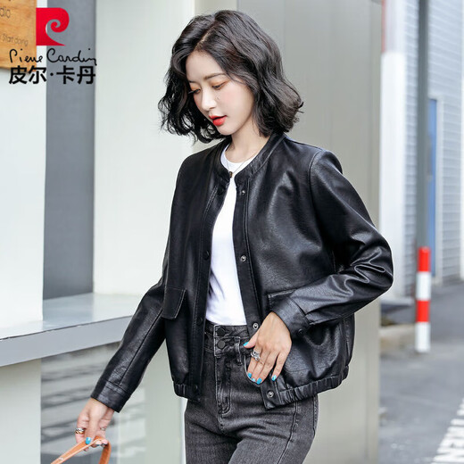 Pier Cardin Haining de chaqueta de cuero de cuero de cuero y otoño chaqueta de cuero corta 2025 Nuevo estilo coreano Negro pequeño y de moda Negro [buen cuero] L Recomendado 100-110Jin [Jin equivale a 0.5 kg]