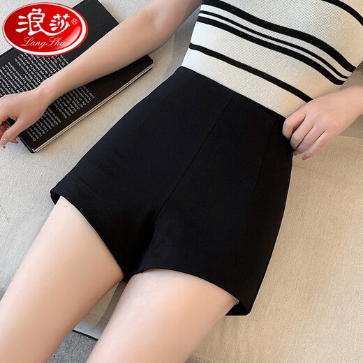 Langsha black tight shorts for women to wear as outerwear, elastic high-waisted sexy hot pants, slim butt-covering hot pants, ultra-short three-quarter pants, black M, recommended 111-120 Jin Jin is equal to 0.5 kg