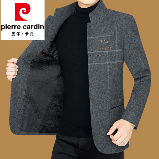 Pier Cardin woolen jacket for men short collar men's tweed jacket thickened warm middle-aged and elderly daddy suit knitted D21375 dark gray XL 180
