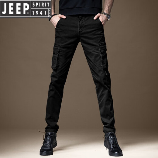 JEEP SPIRIT overalls men's 2025 new slim fit casual pants men's multi-pocket special training pants Korean style trendy paratrooper pants overalls quality 680 black 32 (waist 2 feet 5)