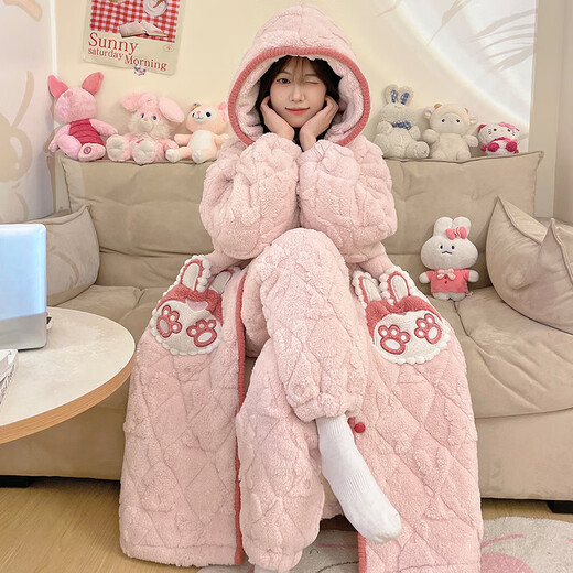 侨茼珊瑚绒三层夹棉睡衣女秋冬季加绒加厚连帽睡袍可爱浴袍家居服冬天 MQ 6628帕恰狗夹棉袍+夹棉裤 女款XL(170CM建议体重110-130）