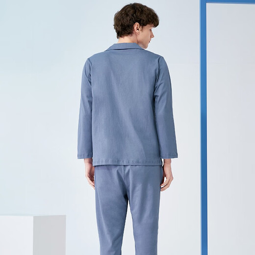 Fenton Couple Pure Cotton Pajamas Women's Simple Lapel Solid Color Long Sleeve Men's Home Clothes Set Gray Blue (Male) XL