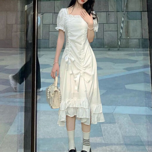 Gtyuwvg Internet Celebrity Vestido blanco para mujeres en verano, puro, delgado y abrazando la cintura, dulce primer amor Vestido de manga blanca 695# negro corto, talla individual s 90jin [Jin iguala 0.5 kg] se puede usar por dentro