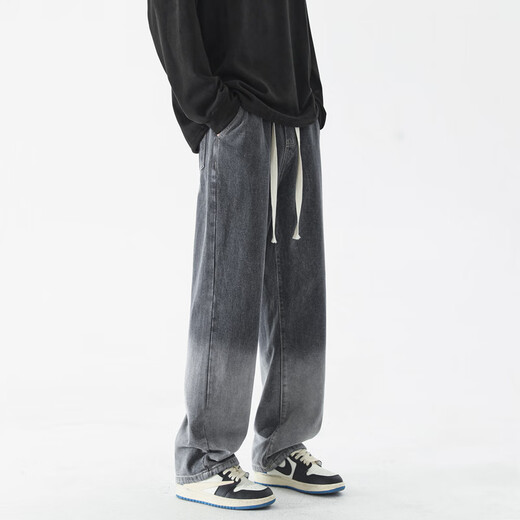 GENIOLAMODE jeans men loose straight pants men American retro trend gradient trousers men teenagers versatile wide-leg black gray-5009 XL